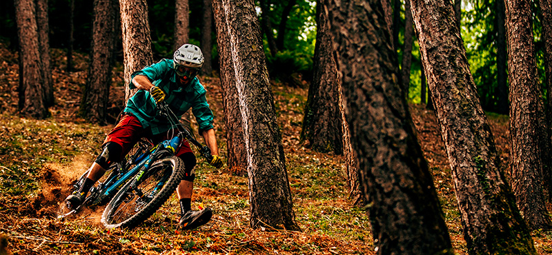 Ciclista che pratica e-MTB Enduro nei sentieri dei boschi delle Orobie