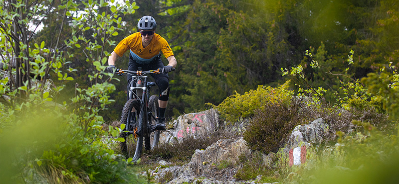 Ciclista pedala fra i boschi della Valtellina con la sua E-Mtb