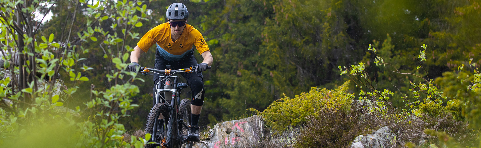 Ciclista pedala fra i boschi della Valtellina con la sua E-Mtb