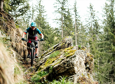 Ciclista in e-Mtb in un Sentiero Stretto e Tortuoso della Valmalenco